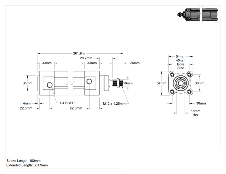 Teknik Çizim - Kapalı Gövdeli Yüke Duyarlı Hava Silindiri, Yastıklı, 40 mm Delik Çapı, 100 mm Strok Uzunluğu