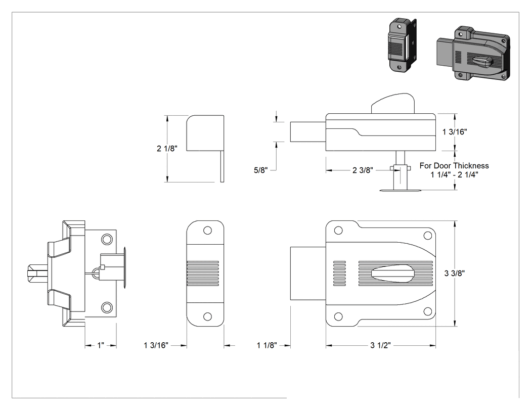 Teknik Çizim - Sürgü Kapı Kilidi, Döndürme Parçası/Anahtar Kilidi, 2-3/8" Boğaz Mesafesi, Mat Pirinç