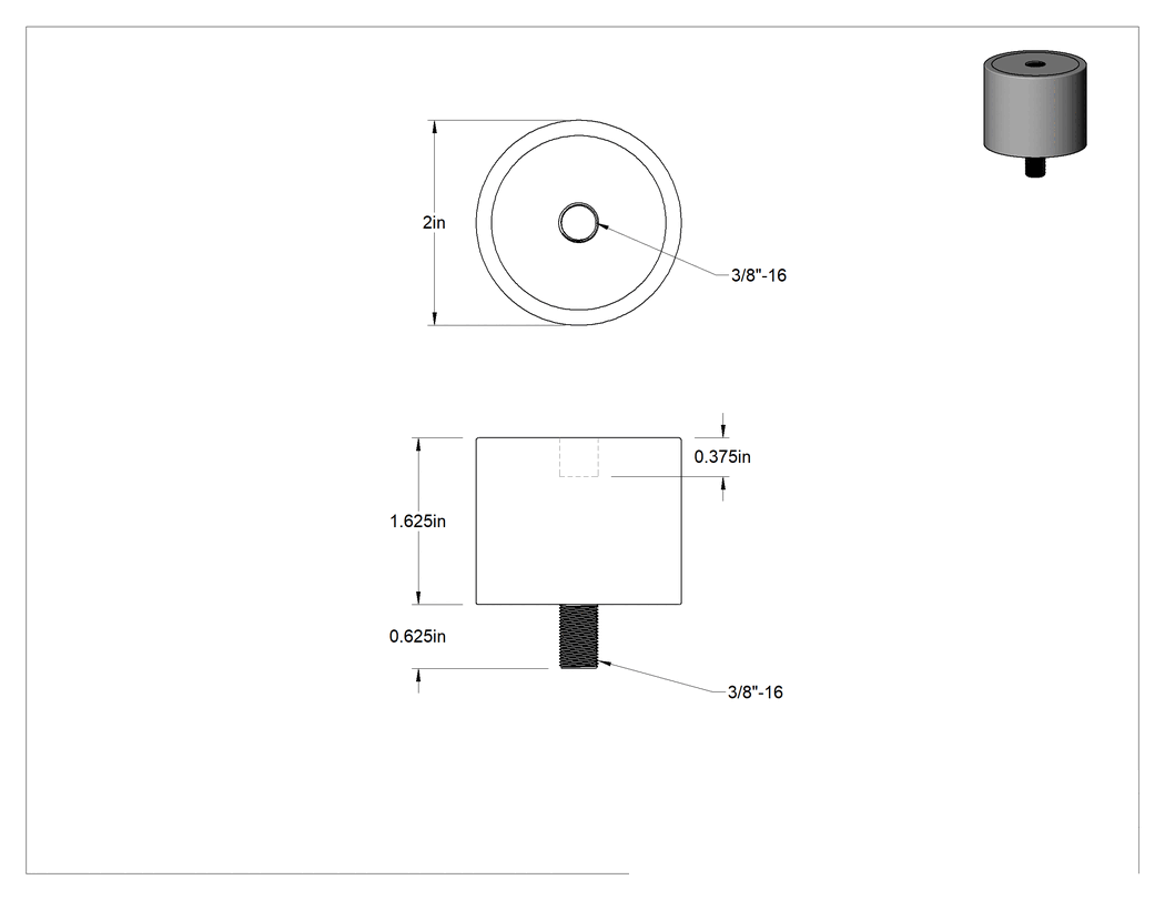 Teknik Çizim - Doğal Kauçuk Titreşim Sönümleyici Sandviç Montaj, Çelik Saplama ve Ek Parça, 3/8"-16 Diş, 165 lbs. Kapasite, 1-5/8" Yükseklik