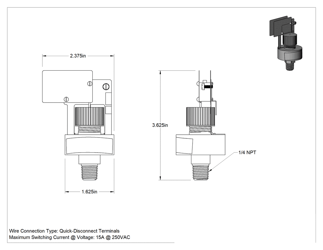 Teknik Çizim - Ekonomik Basınç Şalteri, Faston Terminaller, 1/4 NPT Erkek, 1.5-3.5 PSI Ayar Noktası