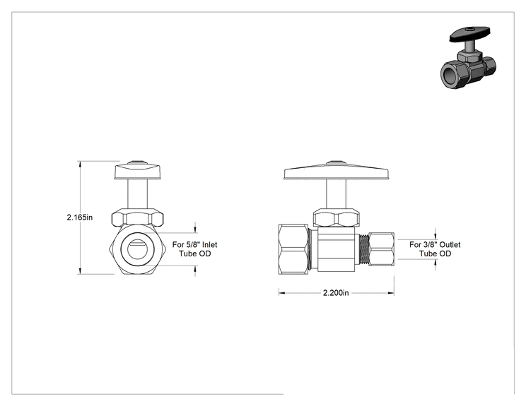 Teknik Çizim - Sıhhi Tesisat Armatürleri için Kesme Vanası, 5/8" Dış Çap Girişli ve 3/8" Dış Çap Çıkışlı Düz
