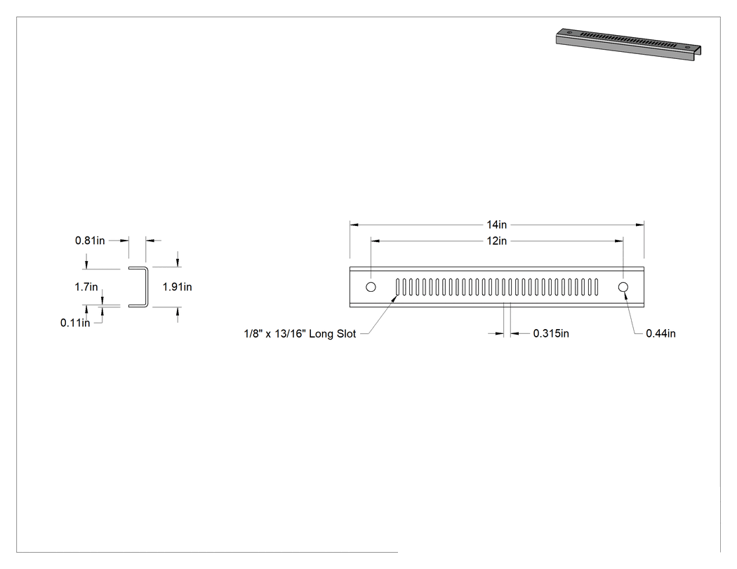 Teknik Çizim - Strut Kanalı Braketi, Sarmal, 14 inç ve 5/16 inç Uzunluk