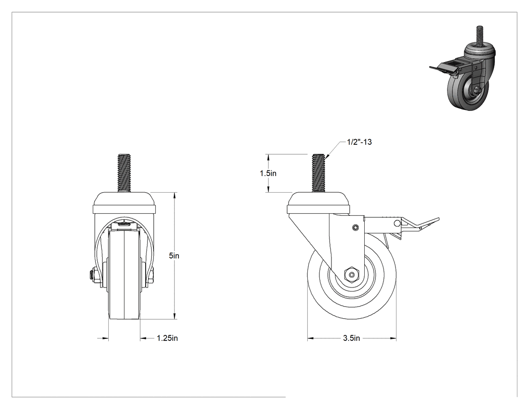 Teknik Çizim - Paslanma ve Aşınmaya Dayanıklı Dişli Saplı Tekerlek, Total Locklu, 1/2"-13 Dişli ve 3-1/2" Çaplı Polipropilen Tekerlek