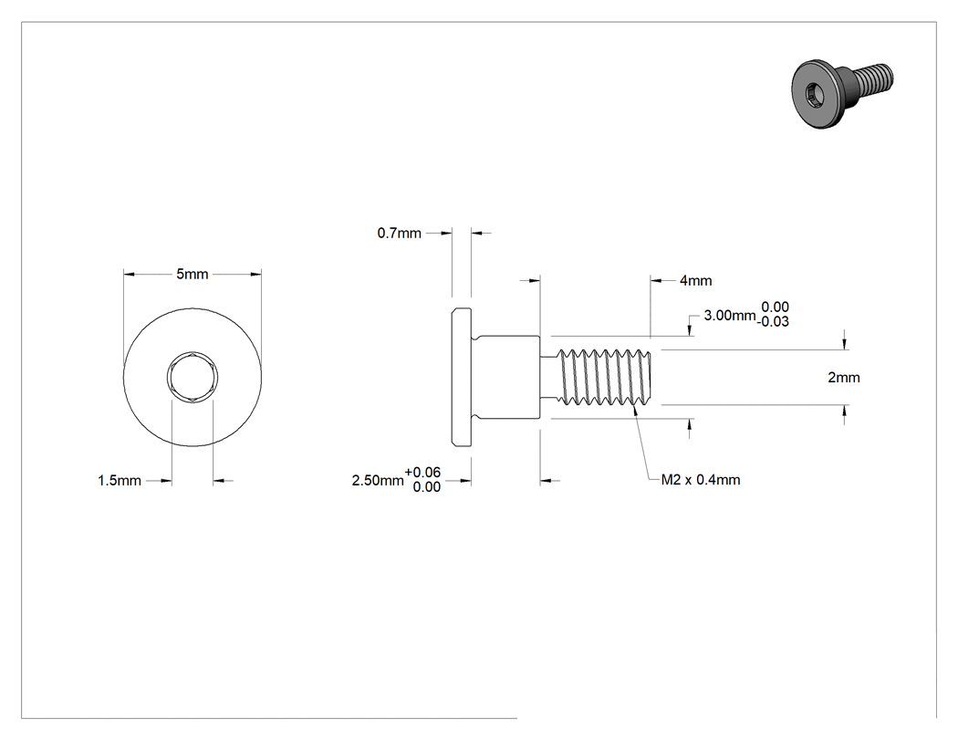 Teknik Çizim - Ultra Düşük Profilli Hassas Omuzlu Vida, 3 mm Omuz Çapı, 2.5 mm Omuz Uzunluğu, M2 x 0.4 mm Diş