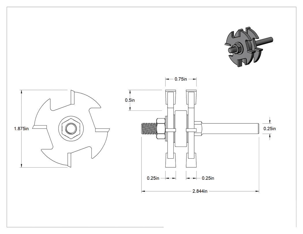 Teknik Çizim - Ahşap Birleştirme için Freze Ucu, Dil ve Oluk, 1-7/8" Kesme Çapı, 1/4" Şaft Çapı