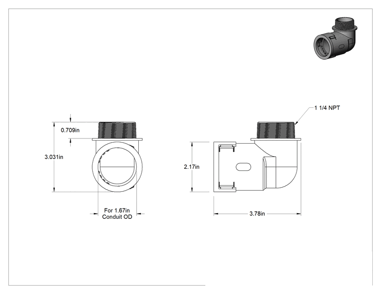 Teknik Çizim - Sürekli Esnek Plastik Kanal Bağlantı Parçası, 90 Derece, 1.67" Dış Çaplı Geçmeli Dişi x 1-1/4 NPT Erkek