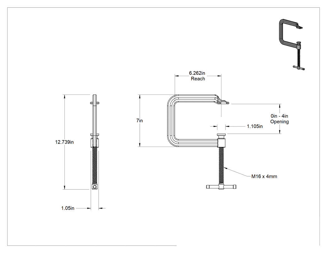 Teknik Çizim - Uzatılmış Erişimli C-Kelepçesi, Çelik, Kayan T-Kolu, 0" - 4" Açıklık