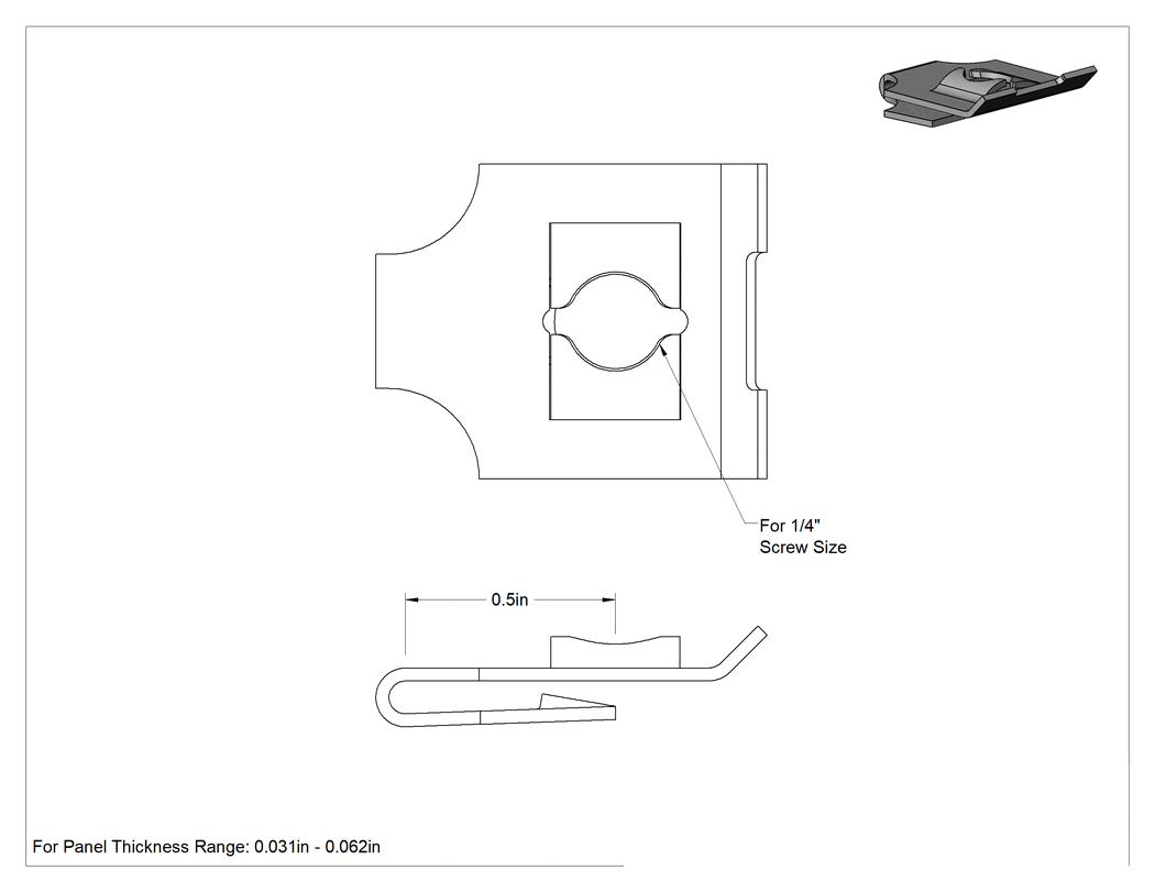 Teknik Çizim - Siyah Fosfat Kaplı Çelik Klipsli Somunlar, Düşük Profilli, 1/4" Vida, 0.031" - 0.062" Panel Kalınlığı