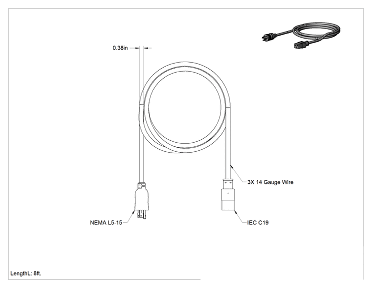 Teknik Çizim - Elektronik Ekipman Dönme Kilitli Güç Kablosu, NEMA, L5-15 Fiş x IEC C19 Priz, 8 Fit Uzunluk