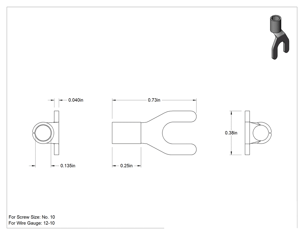Teknik Çizim - Yalıtımsız Nikel Kaplı Çelik Çatal Terminaller, 12-10 AWG ve 10 Numaralı Vida Boyutu için