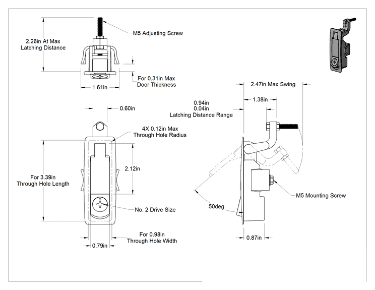 Teknik Çizim - Kürek Saplı Phillips Tahrikli Kolu Kam Kilidi, Sıkı Tutuş, 1/16" ila 15/16" Kilitleme Mesafesi