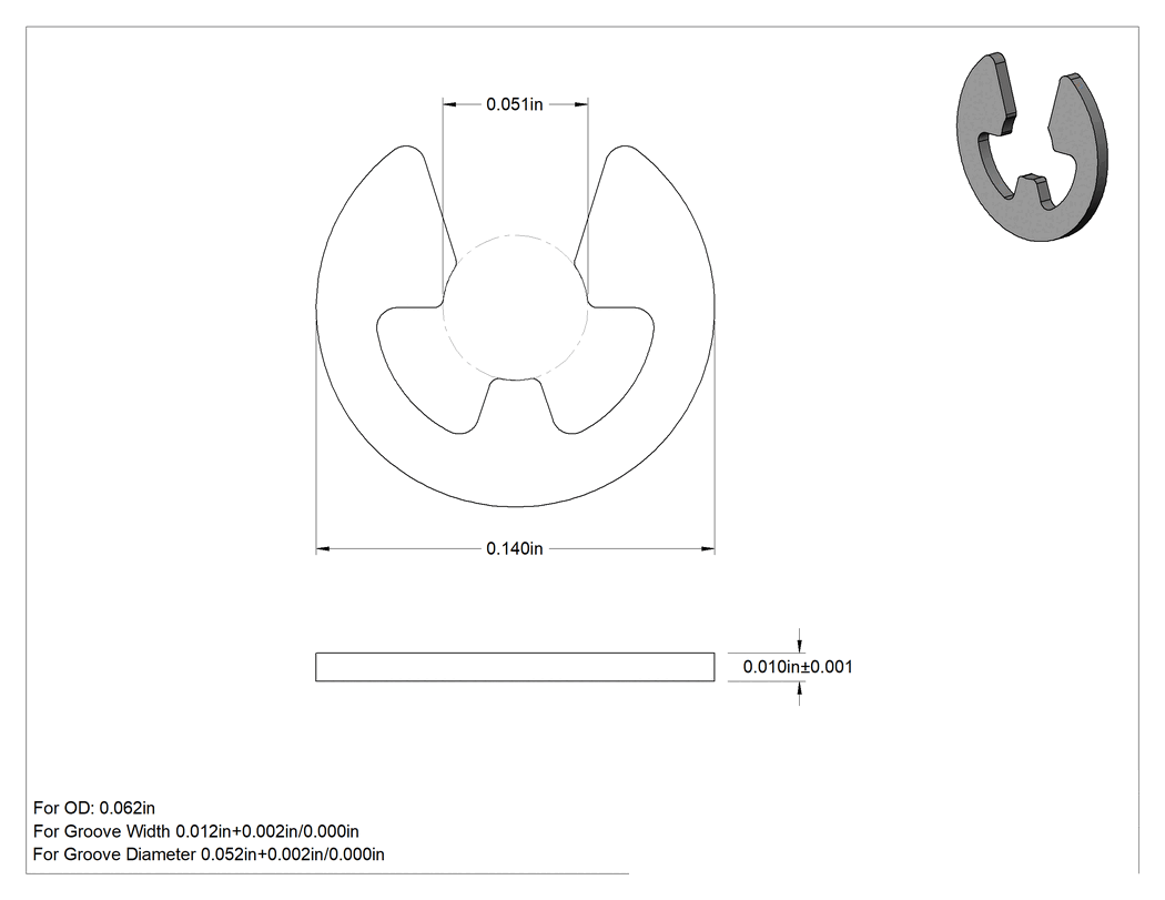 Teknik Çizim - Yan Montajlı Harici Segmanlar, 1/16" Dış Çap, Siyah Fosfatlı 1060-1090 Yay Çeliği