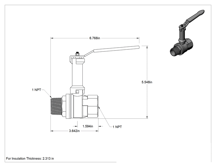 Teknik Çizim - Uzatılmış Saplı Dişli Açma/Kapama Vanası, Pirinç Gövde, 1 NPT Dişi x 1 NPT Erkek