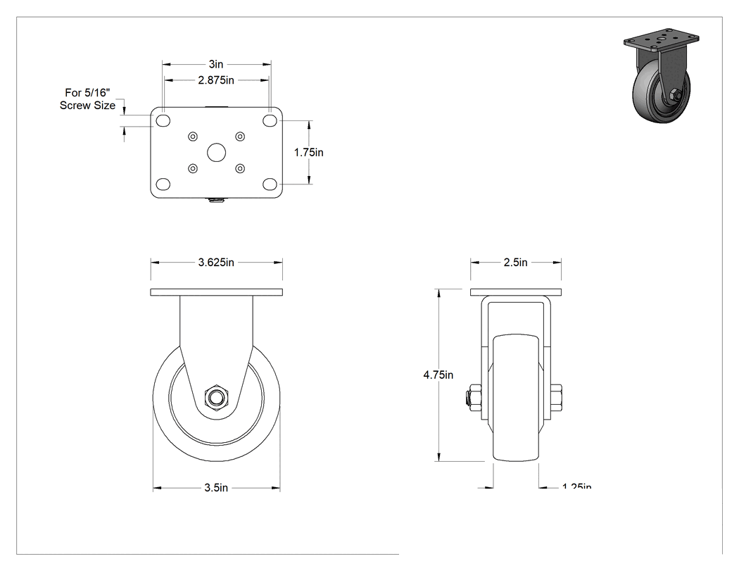 Teknik Çizim - Creston Tekerlek, 3-1/2" Çapında 80A Durometreli Kauçuk Tekerlekli Sert
