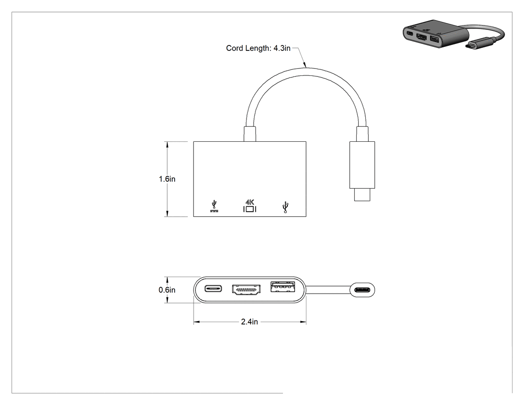 Teknik Çizim - USB Standart 3.2 Gen 1 Hub, Dişi USB A ile Erkek USB C, USB C ve HDMI Bağlantısı