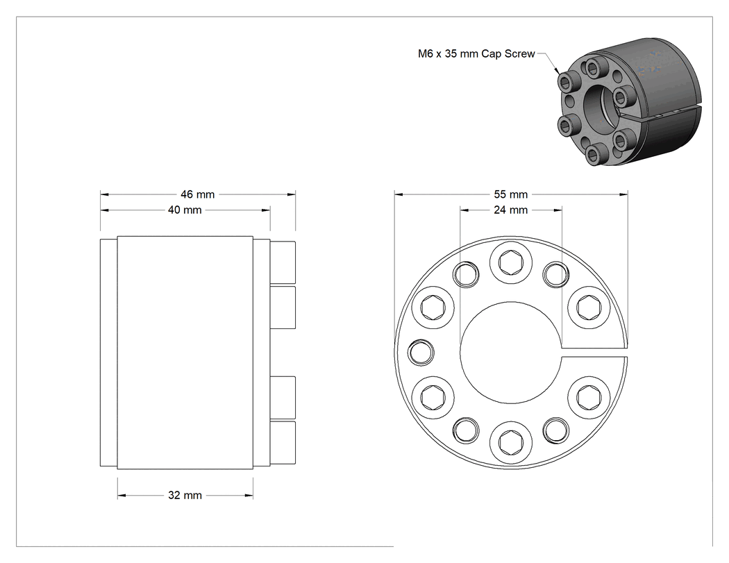 Teknik Çizim - Gömme Montajlı Vida Kelepçesi Burcu, 24 mm Mil Çapı için, 55 mm Dış Çap