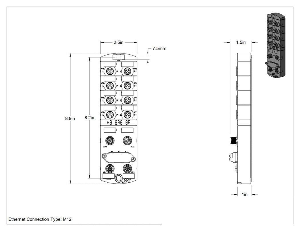 Teknik Çizim - Cihaz Öncelikli Mikro M12 Ethernet Anahtarı, 8 D ve 2 x-Kodlu Soket Ethernet/IP, 4 Kutuplu Güç Bağlantısı