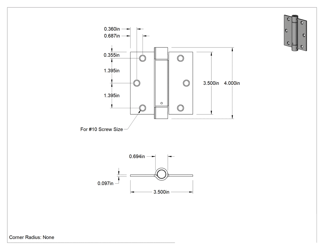 Teknik Çizim - Gömme Montajlı Kapı Menteşesi, Standart Olmayan Delikler, Kare Köşeler, Krom Kaplı Çelik, 3-1/2" Toplam