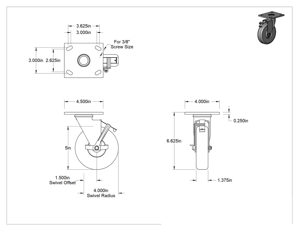 Teknik Çizim - 4-1/2" x 4" Plakalı Parlak Yüzeyli Tekerlek, Frenli Döner Tekerlek ve 5" Çaplı Kauçuk Tekerlek