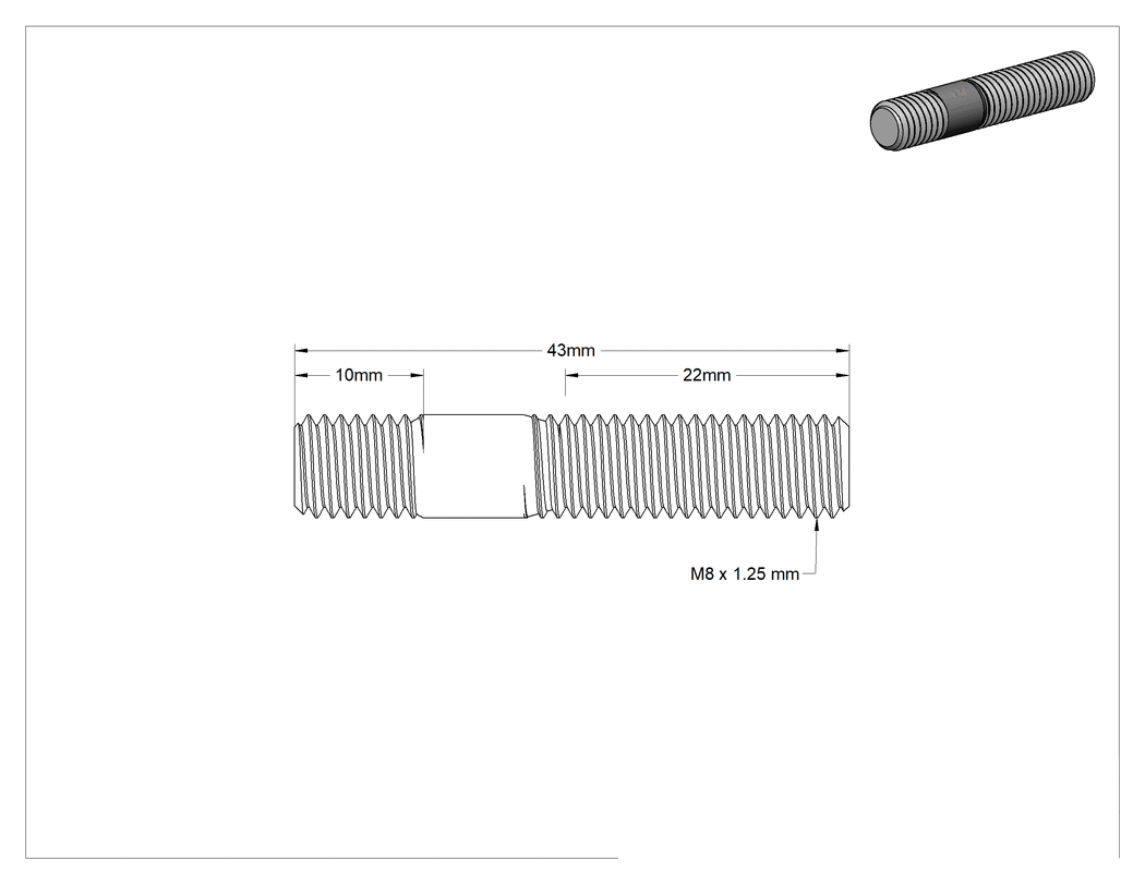 Teknik Çizim - Her İki Ucu Dişli Kurulum Saplaması, 18-8 Paslanmaz Çelik, M8 x 1.25 mm Boyut, 22 mm ve 8 mm Diş Uzunluğu, 43 mm Uzunluk