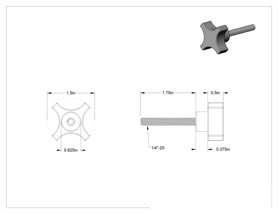Teknik Çizim - Alüminyum dört kollu topuz, 1/4"-20 Dişli, 1-3/4" Uzunluğunda Saplama, 1/2" Baş Yüksekliği