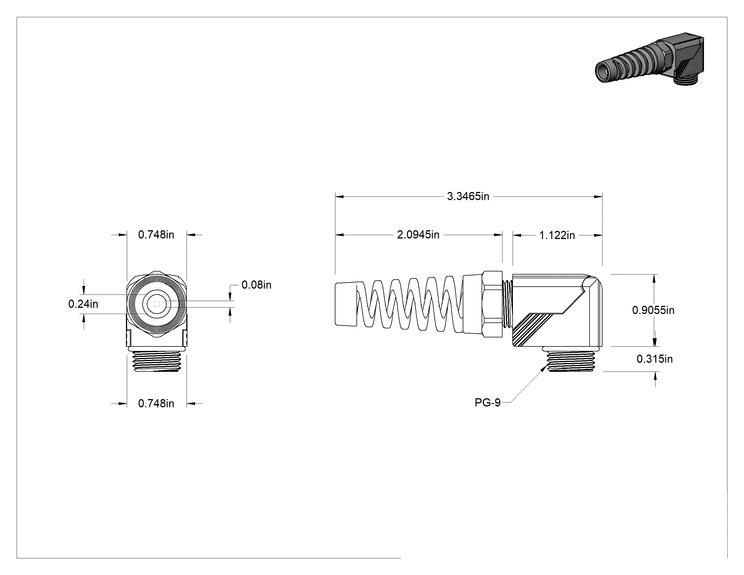 Teknik Çizim - 90 Derece Dirsek Sürekli Esnek Kablo Tutucu, Dalgıç, 0.08" ila 0.24" Dış Çap için Plastik, PG-9 Diş