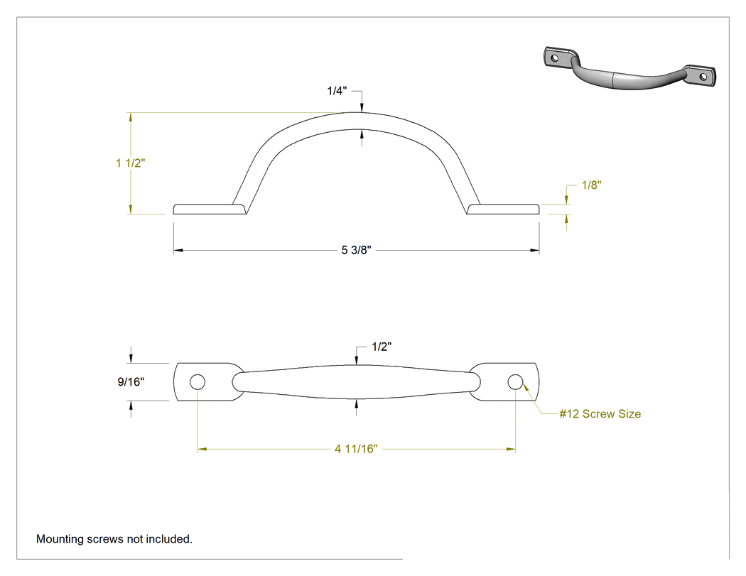 Teknik Çizim - Dişsiz Delikli Oval Çekme Kolu, Mat Çinko Kaplı Çelik, 4-11/16" Merkezden Merkeze Genişlik