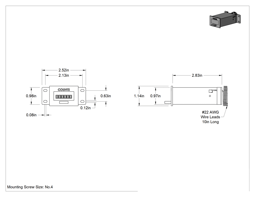 Teknik Çizim - Tel Uçlu Elektrikle Çalışan Sayaç, Yüzeye Montaj, 1.2" x 2.6" x 2.9" Toplam, 120V AC