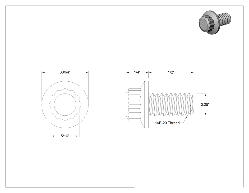 Teknik Çizim - Paslanmaz Çelik 12 Uçlu Vida, 1/4"-20 Diş Boyutu, 1/2" Uzunluk