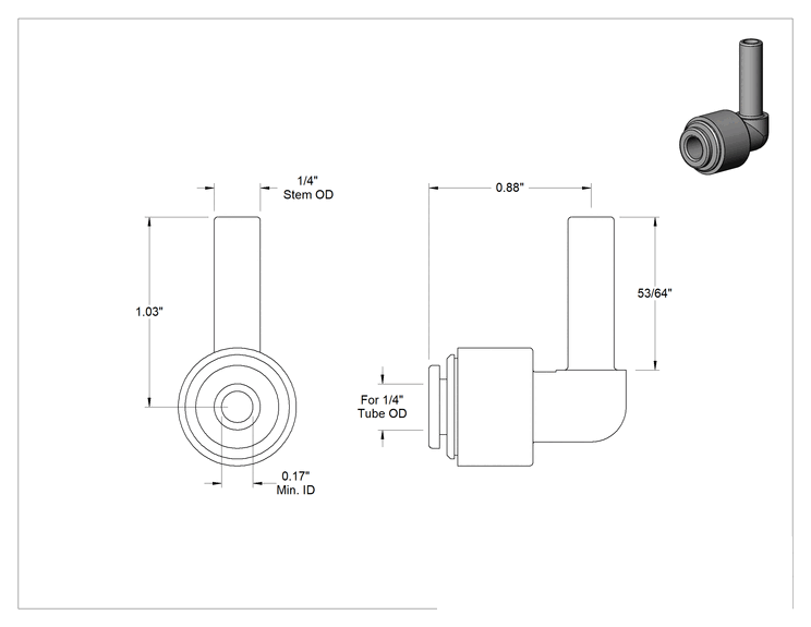 Teknik Çizim - Gıda ve İçecek için İt-Bağlantı Elemanı, Dirsek adaptörü, 1/4" Boru Gövde Dış Çapı, 1/4" Boru Dış Çapı için, Siyah