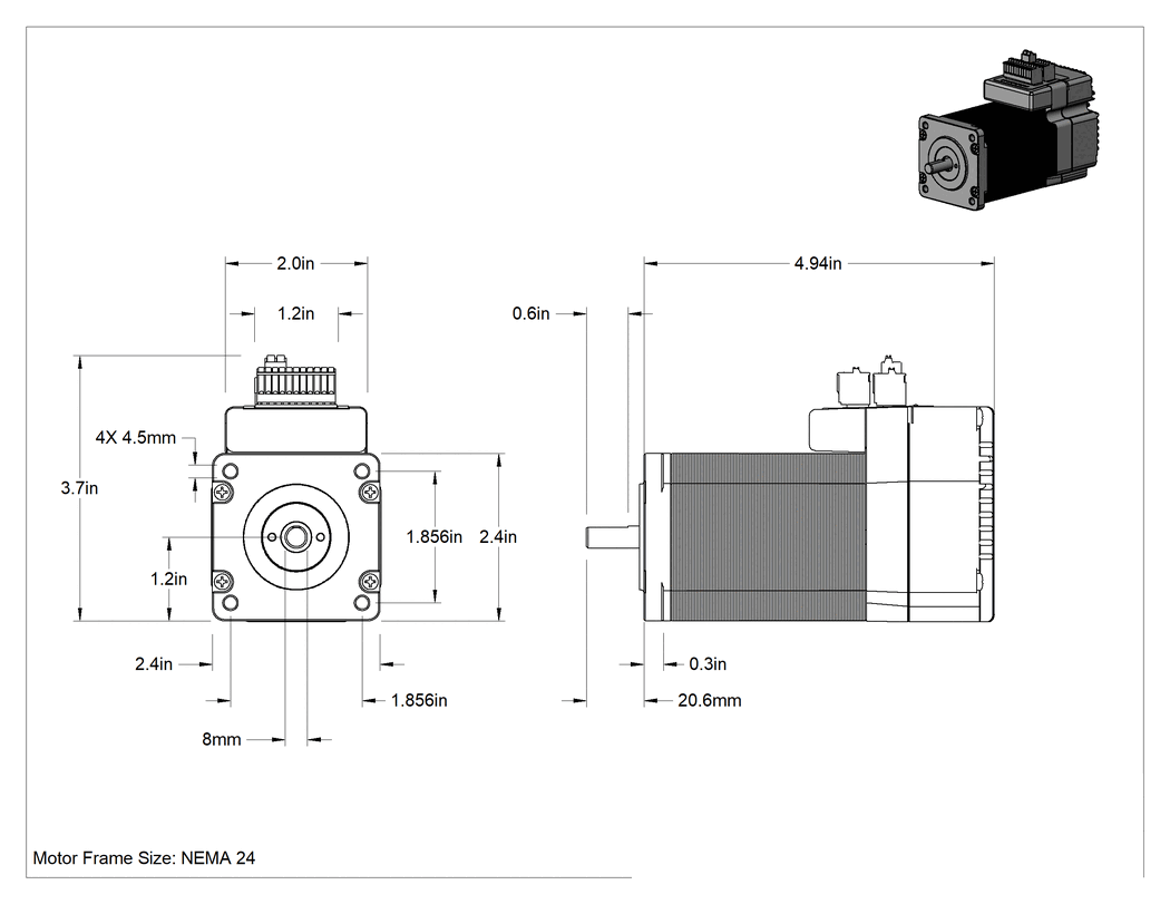 Teknik Çizim - Step Motor, Entegre Hareket Kontrollü, NEMA 24, 340 in.-oz. Maksimum