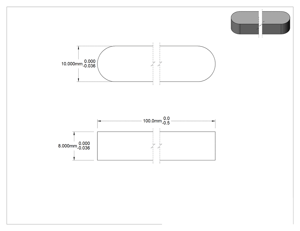 Teknik Çizim - Yuvarlak Makine Kaması, 1008-1045 Çelik, 8mm x 10mm, 100 mm Uzunluk, Küçük Boyutlu