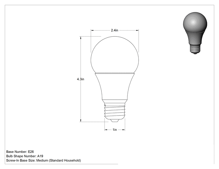 Teknik Çizim - Ampul, A19, 60 W Akkor Eşdeğeri, 4100K, LED