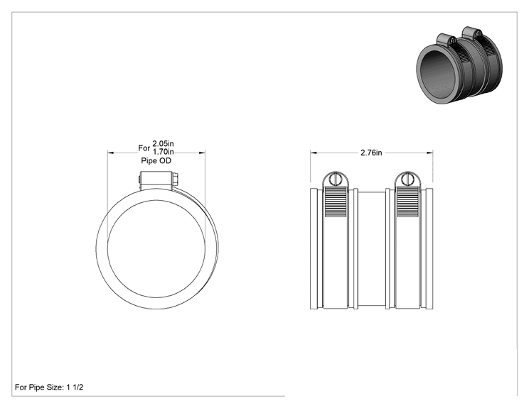 Teknik Çizim - Düşük Basınçlı Kelepçeli Konektör, Kimyasal Atık için, 1.7" ila 2.05" Boru Dış Çapı için