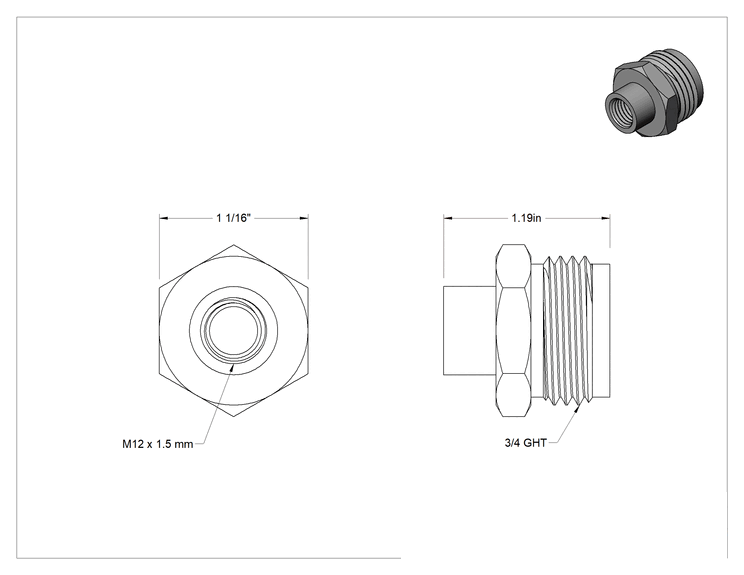 Teknik Çizim - 3/4 GHT Erkek x 1/4 BSPT Dişi için Düz Adaptör, M12 x 1.5 mm Dişi