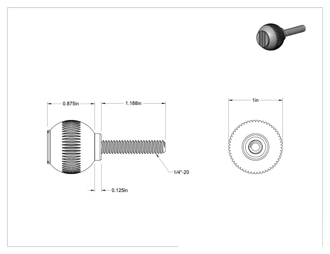 Teknik Çizim - Plastik Yuvarlak Topuz, 1/4"-20 Dişli, 1-3/16" Uzunluğunda Saplama