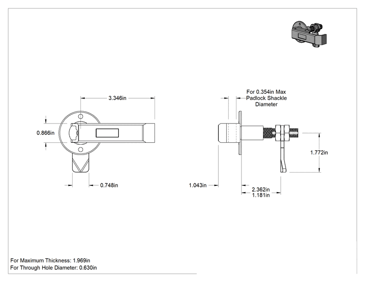 Teknik Çizim - Kaldır ve Çevir L-Kolu Kilitlenebilir Kam, Sıkı Tutuş, Çinko, Sıkı Tutuş, Siyah Boyalı Çinko, 1-31/32" Maksimum Kalınlık için