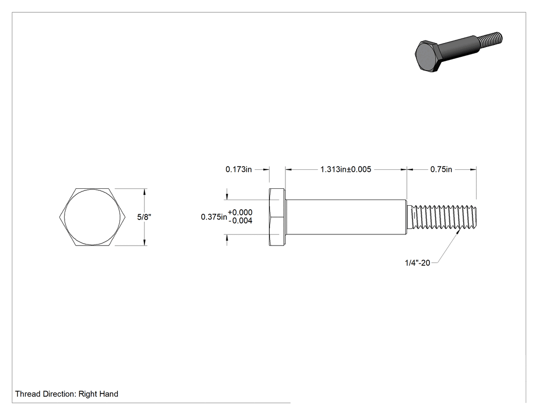 Teknik Çizim - Paslanmaz Çelik Altıköşe Başlı Omuzlu Vida, 3/8" Omuz Çapı, 1-5/16" Omuz Uzunluğu, 1/4"-20 Diş