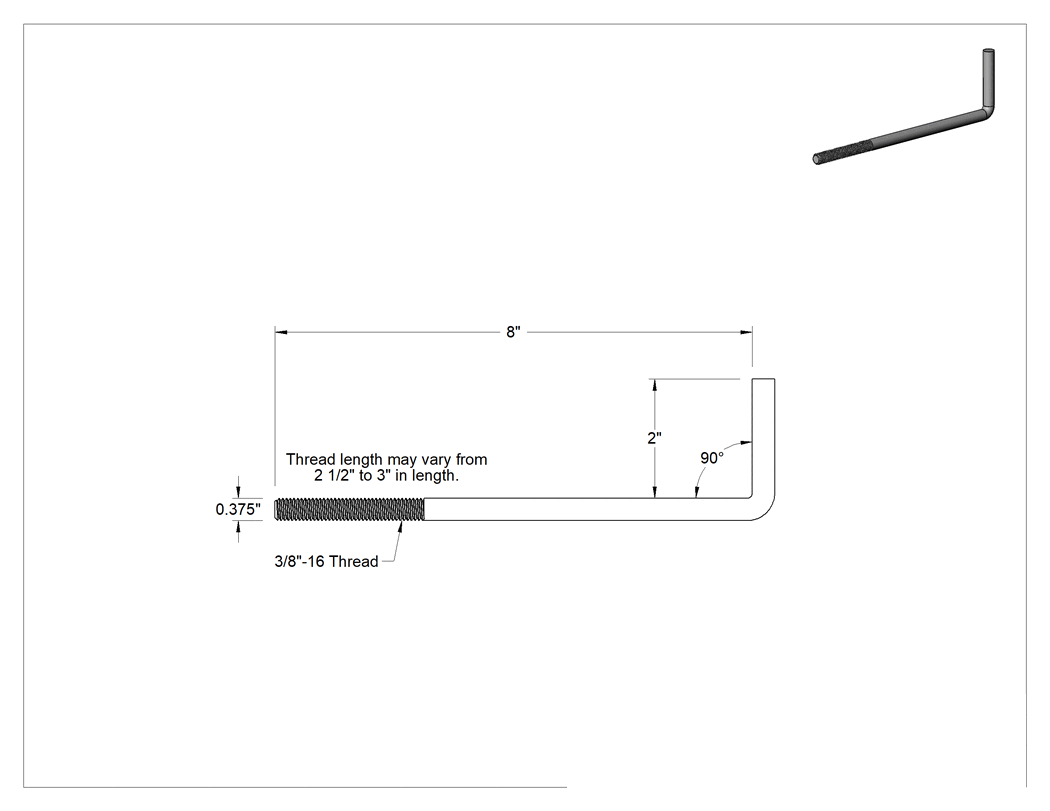 Teknik Çizim - Beton için L Kancalı Ankraj, 18-8 Paslanmaz Çelik, 3/8" Çap, 8" Uzunluk