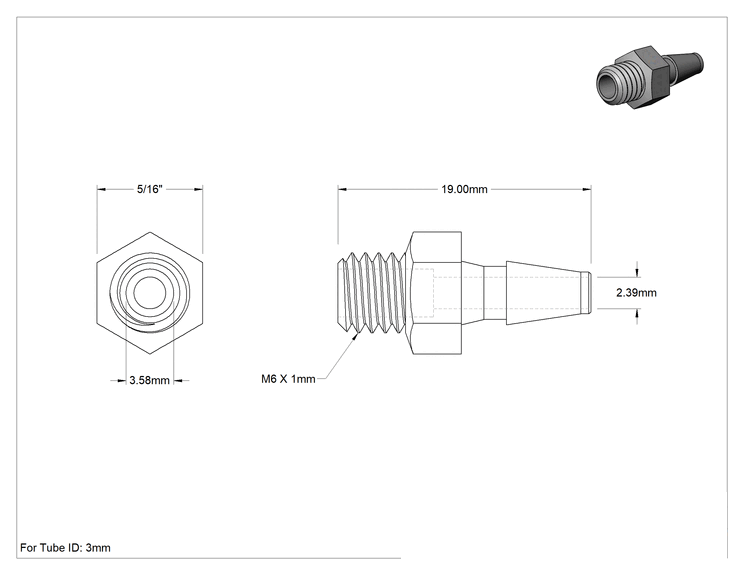 Teknik Çizim - Sıkı Sızdırmazlık Nem Dirençli Tırnaklı Boru Bağlantı Parçası, Hava ve Su için, Düz Adaptör, 3 mm İç Çap x M6 Diş