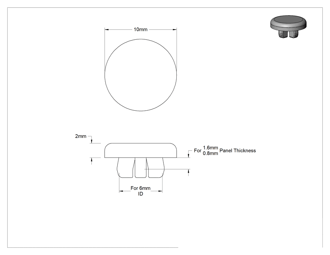 Teknik Çizim - Naylon Plastik Geçmeli Panel Tapaları, 6 mm iç çap için, Krem