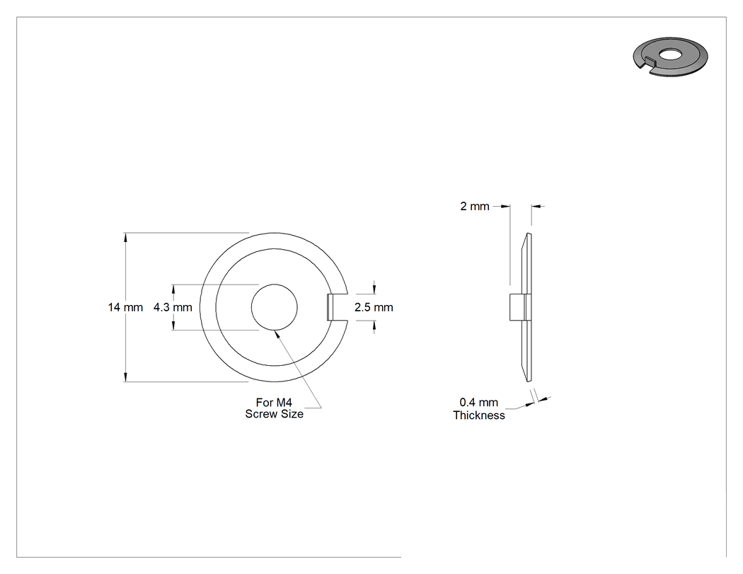 Teknik Çizim - Metrik Tırnaklı Kilit Pul, Ağır Titreşime Dayanıklı, Çelik, M4 Vida Boyutu için, 14 mm Dış Çap