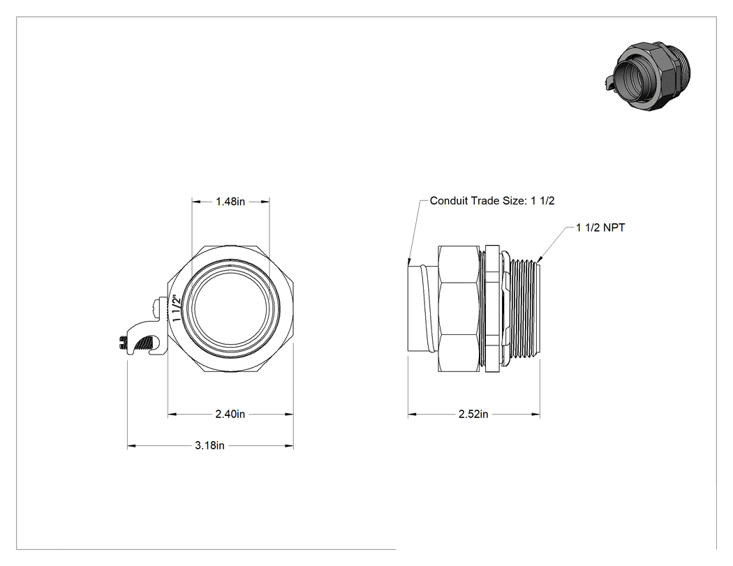 Teknik Çizim - Sıvı Sızdırmaz Esnek Metal Kanal Adaptörü, Topraklama Pabuçlu, Düz, 1-1/2 Kanal Dişi x NPT Erkek