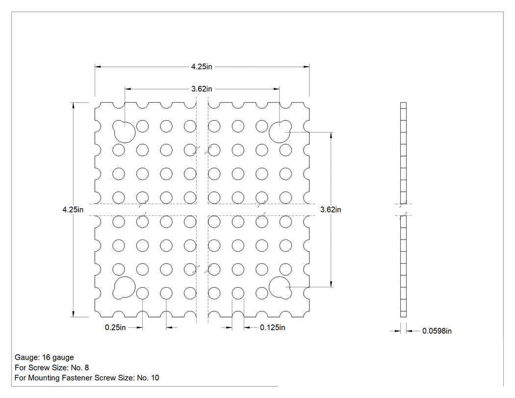 Teknik Çizim - Delikli Elektrik Muhafaza Paneli, Gri Toz Boyalı Çelik, 4-1/4" Yükseklik x 4-1/4" Genişlik