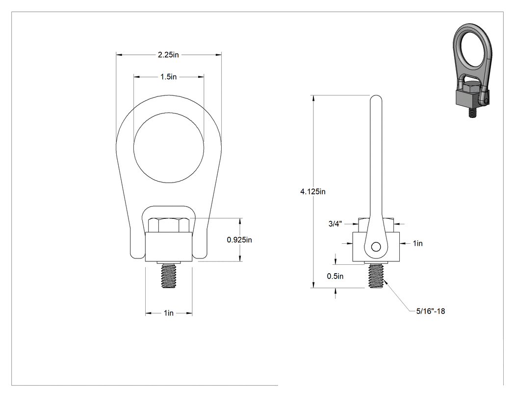 Teknik Çizim - Kaldırma için Kaldırma Halkası, Dövme 17-4 PH Paslanmaz Çelik, 5/16"-18 Diş Boyutu, 1/2" Diş Uzunluğu