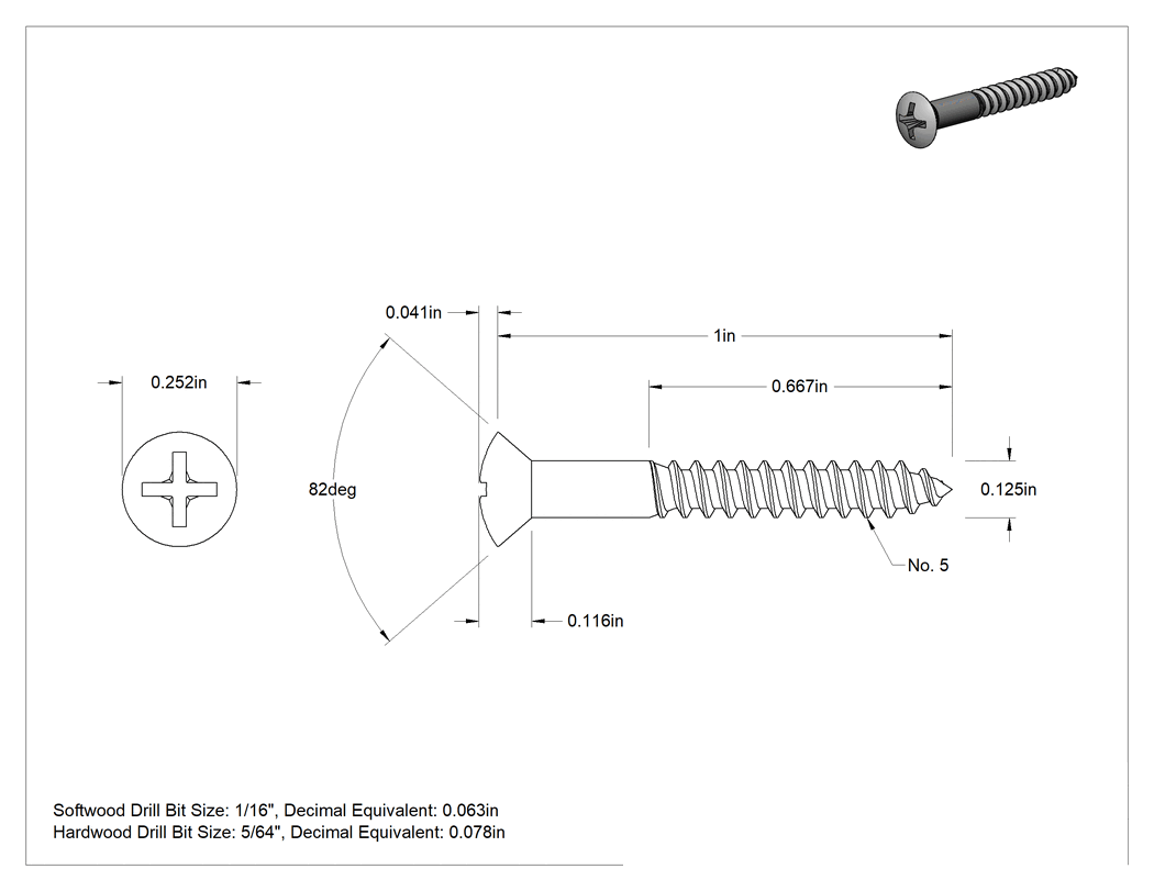 Teknik Çizim - Ahşap için Phillips Oval Başlı Vidalar, Pirinç, Numara 5 Vida Boyutu, 1" Uzunluk