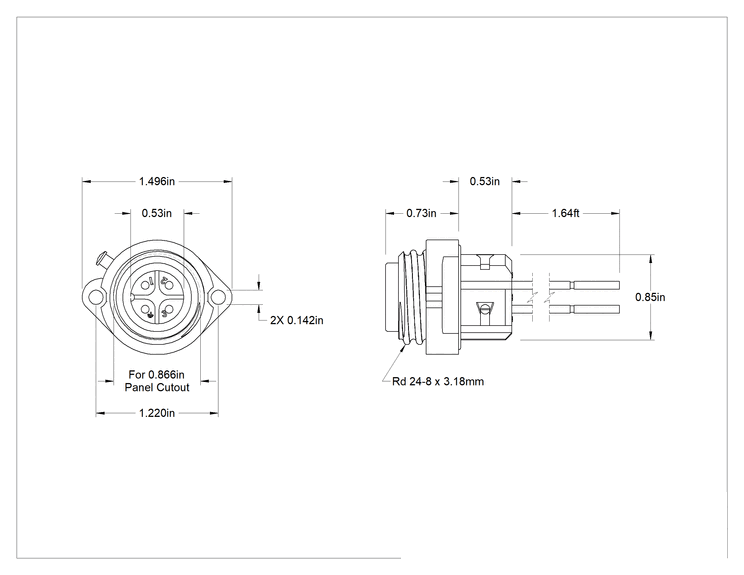 Teknik Çizim - Hızlı Bağlantı Vidalı Güç Konektörü, 1-1/2 Fit Uzunlukta Kablo Uçlu Erkek Panel Montajlı Yuva