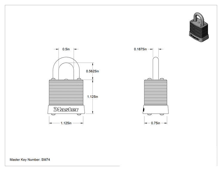 Teknik Çizim - Lamine Çelik Gövdeli Asma Kilit, Master Lock 7 Ana Anahtarlı, 9/16" Dikey Boşluklu
