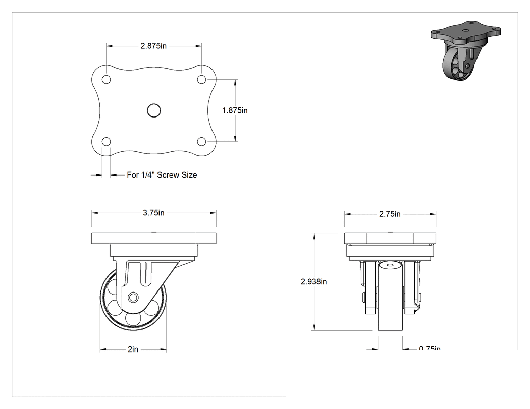 Teknik Çizim - Metal Tekerlekli Ultra Yüksek Sıcaklık Dayanımlı Tekerler, 2 inç Çapında Metal Tekerlekli Döner Ayak