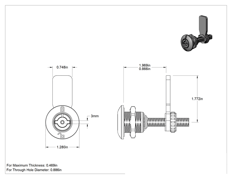 Teknik Çizim - Yüksek Basınçlı Yıkama Sıkı Tutuşlu Kam Kilidi, Ayarlanabilir Kilitleme, 316 Paslanmaz Çelik, 15/32" Maksimum Kalınlık için, 3 mm Anahtar Boyutu